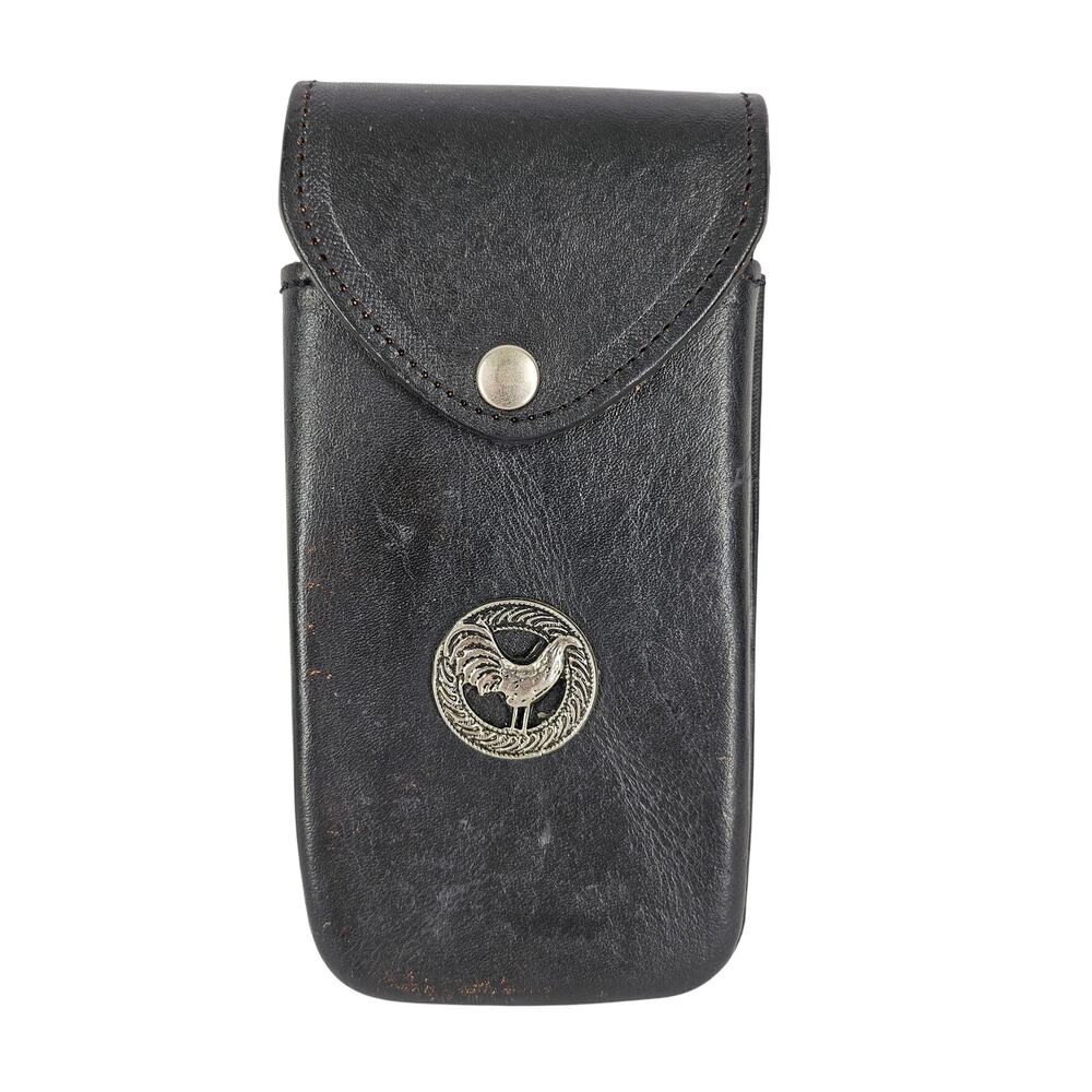 VINTAGE-STYLE UNIQUE BLACK LEATHER CELL PHONE CASE W/ ROOSTER MEDALLION 7" x 4"